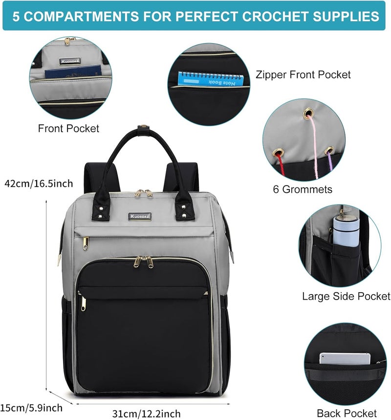 Kuosdaz Crochet Bag Backpack, Large Yarn Storage Crochet Organizer, Christmas Gifts Travel Crochet Backpack for Women, Knitting & Crochet Accessories for Crochet Hooks, Black & Grey - Image 4